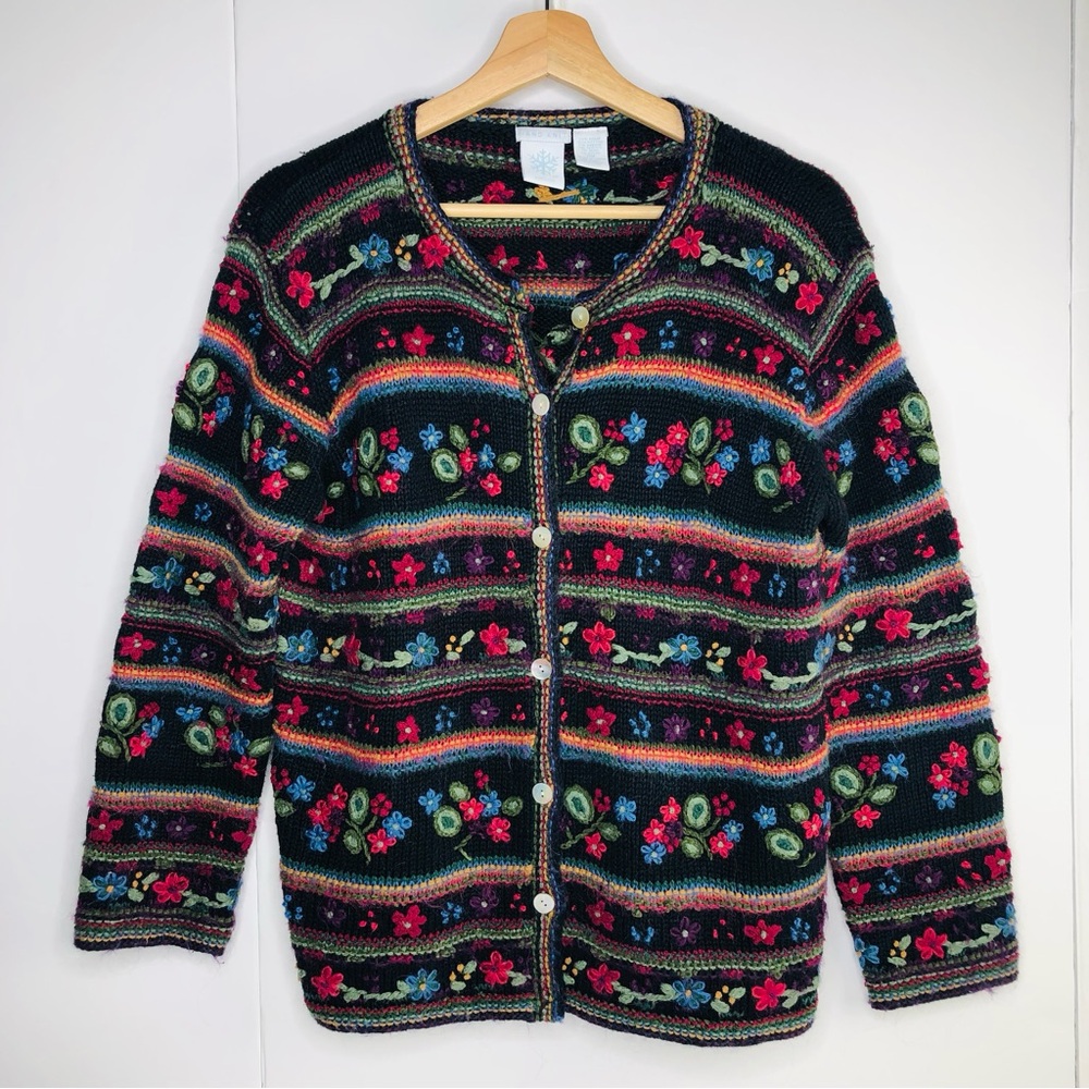 Hand Knit Christmas Black Cardigan Sweater Jacket Sz PM Embroidered Fall Floral